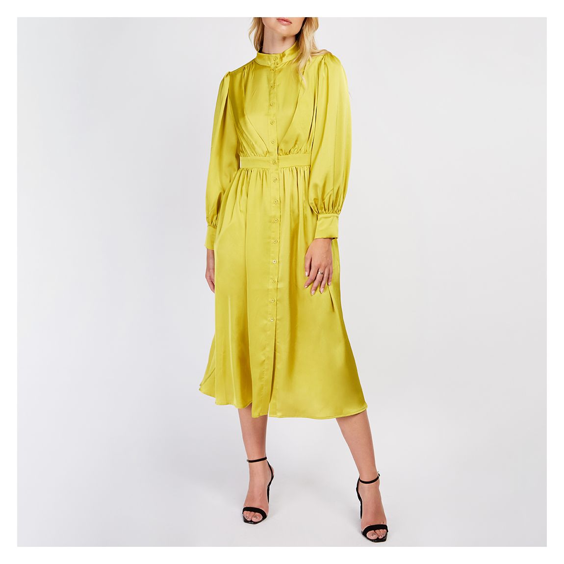 Lime Satin Button Front Shirt Dress
