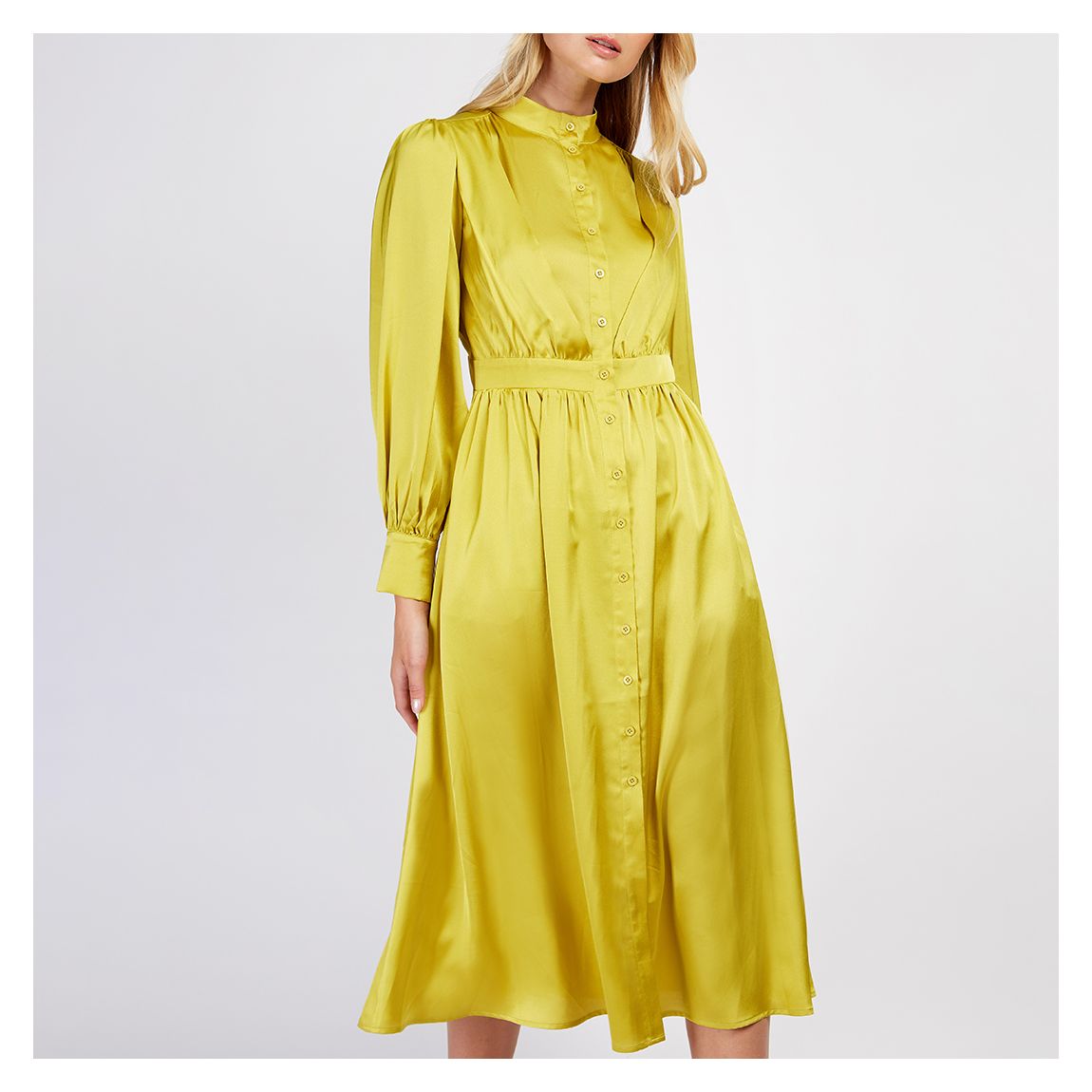Lime Satin Button Front Shirt Dress