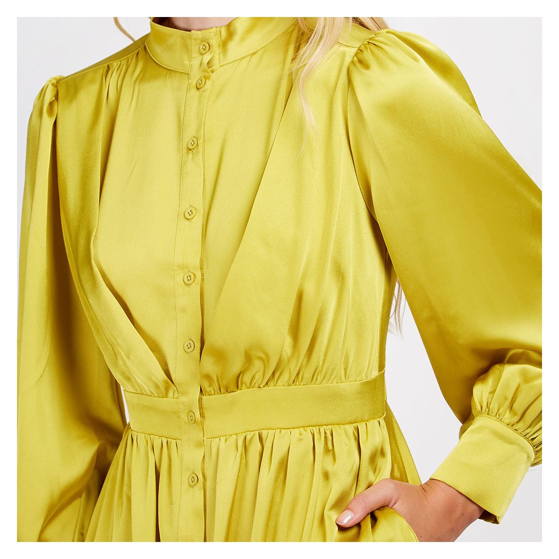 Lime Satin Button Front Shirt Dress