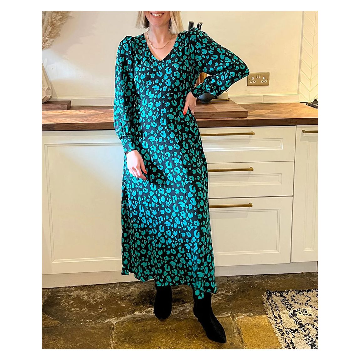 Green Leopard Print Blouson Sleeve Dress