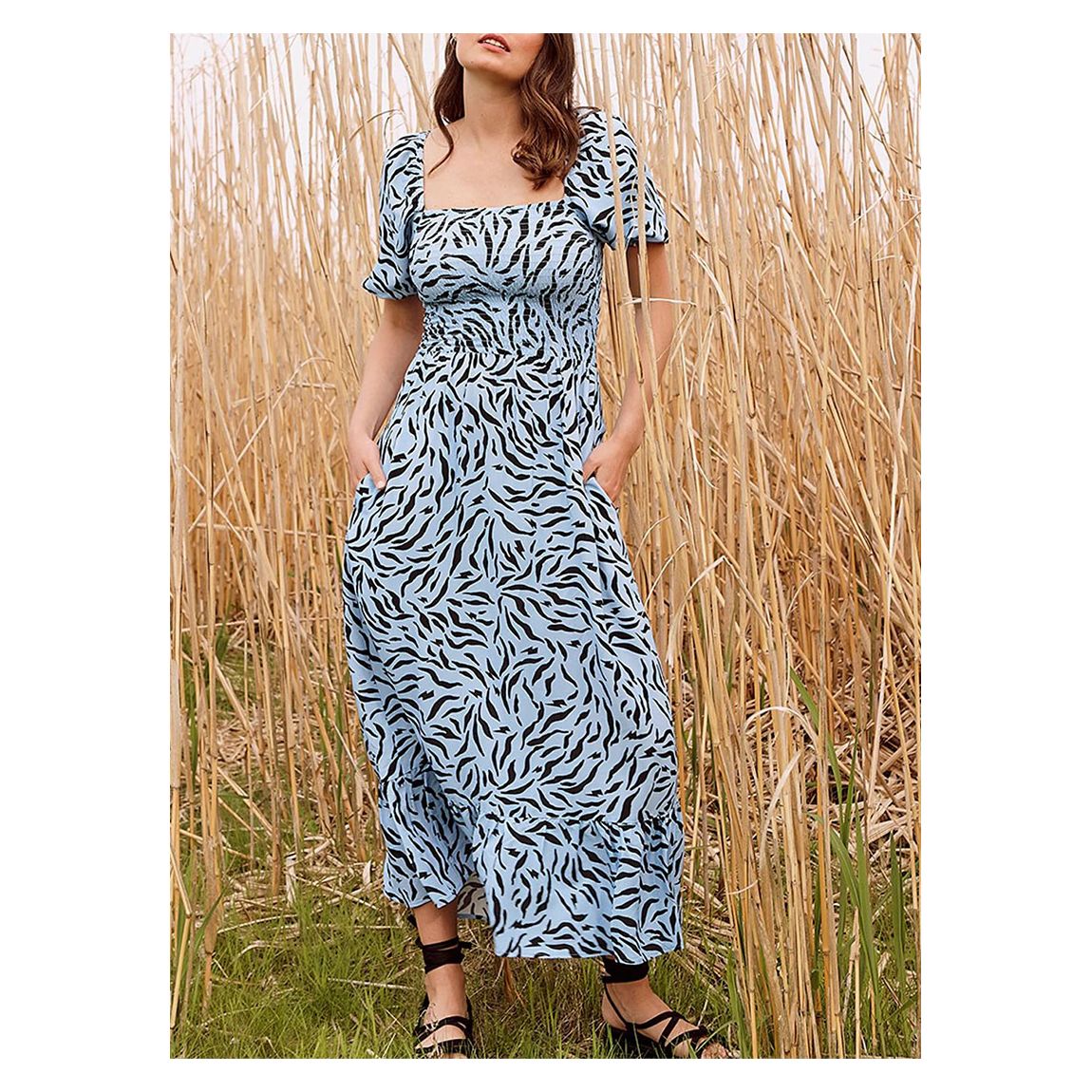 Blue Zebra Print Square Neck Midi Dress