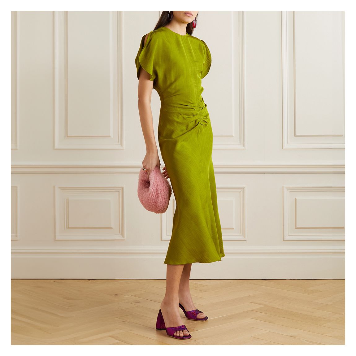 Victoria Beckham Green Ruched Midi Dress - BrandAlley