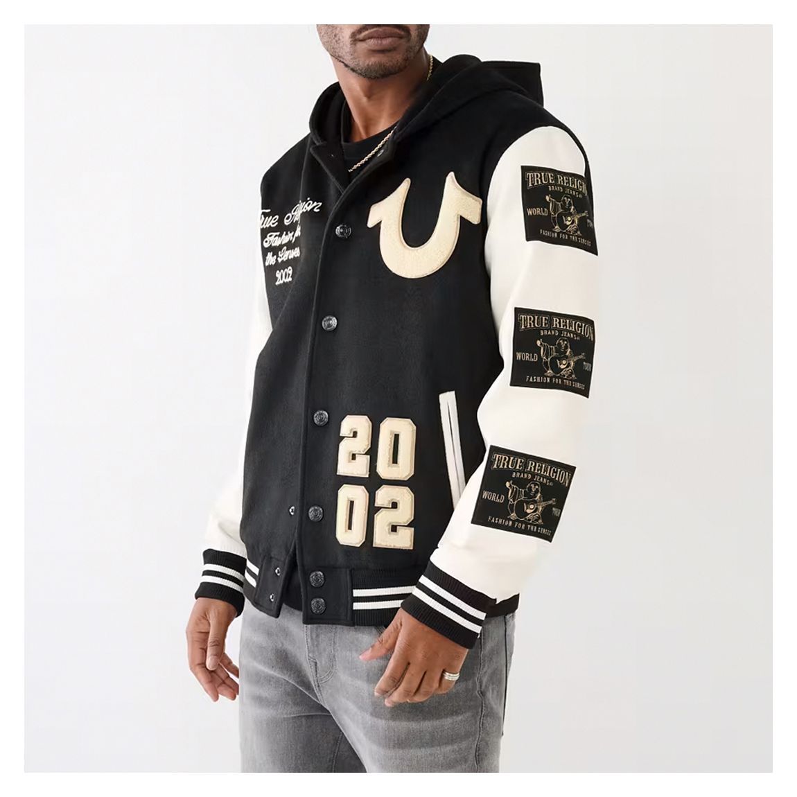 True Religion Black Patch Logo Wool Blend Bomber Jacket