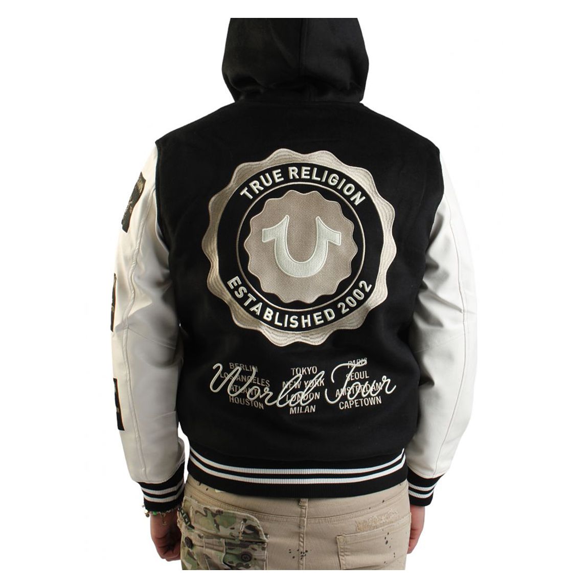 True Religion Black Patch Logo Wool Blend Bomber Jacket