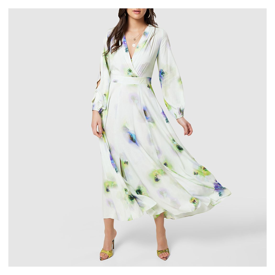 Ecru Floral Print A-Line Midi Dress