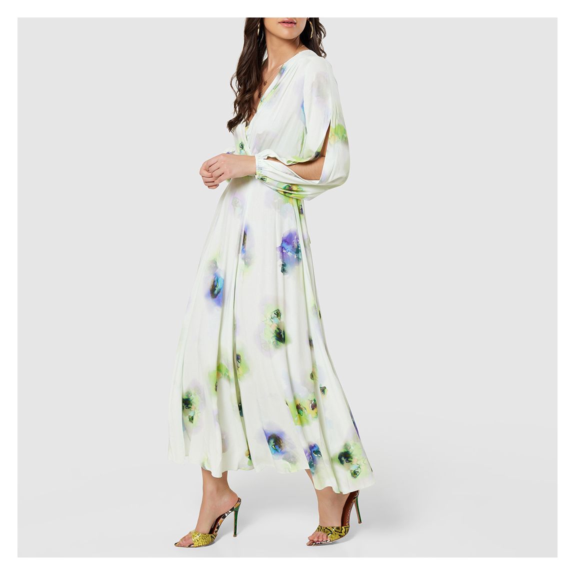 Ecru Floral Print A-Line Midi Dress