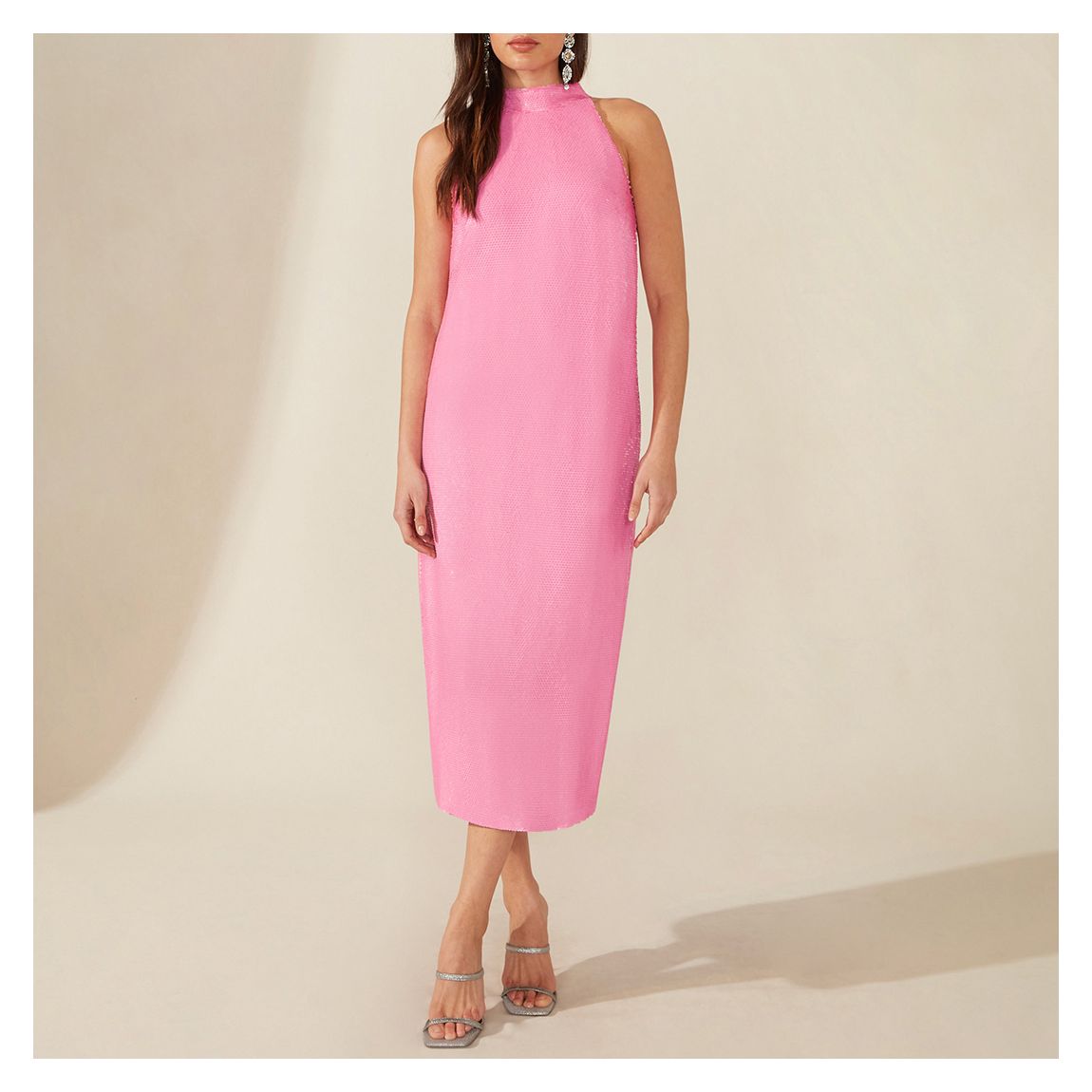 Pink Sequin Halter Midi Dress