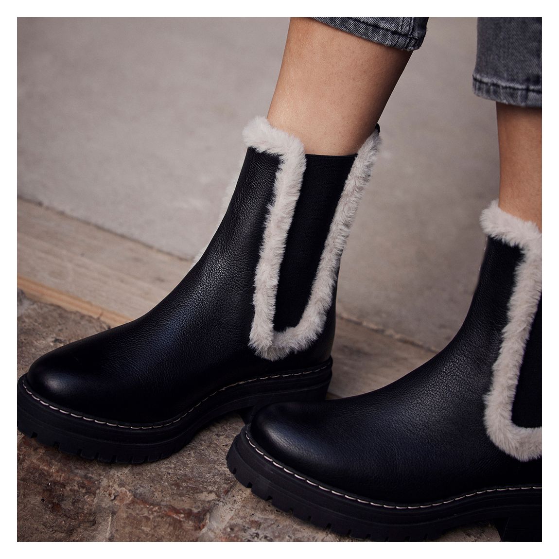 Black Leather Faux Fur Boots