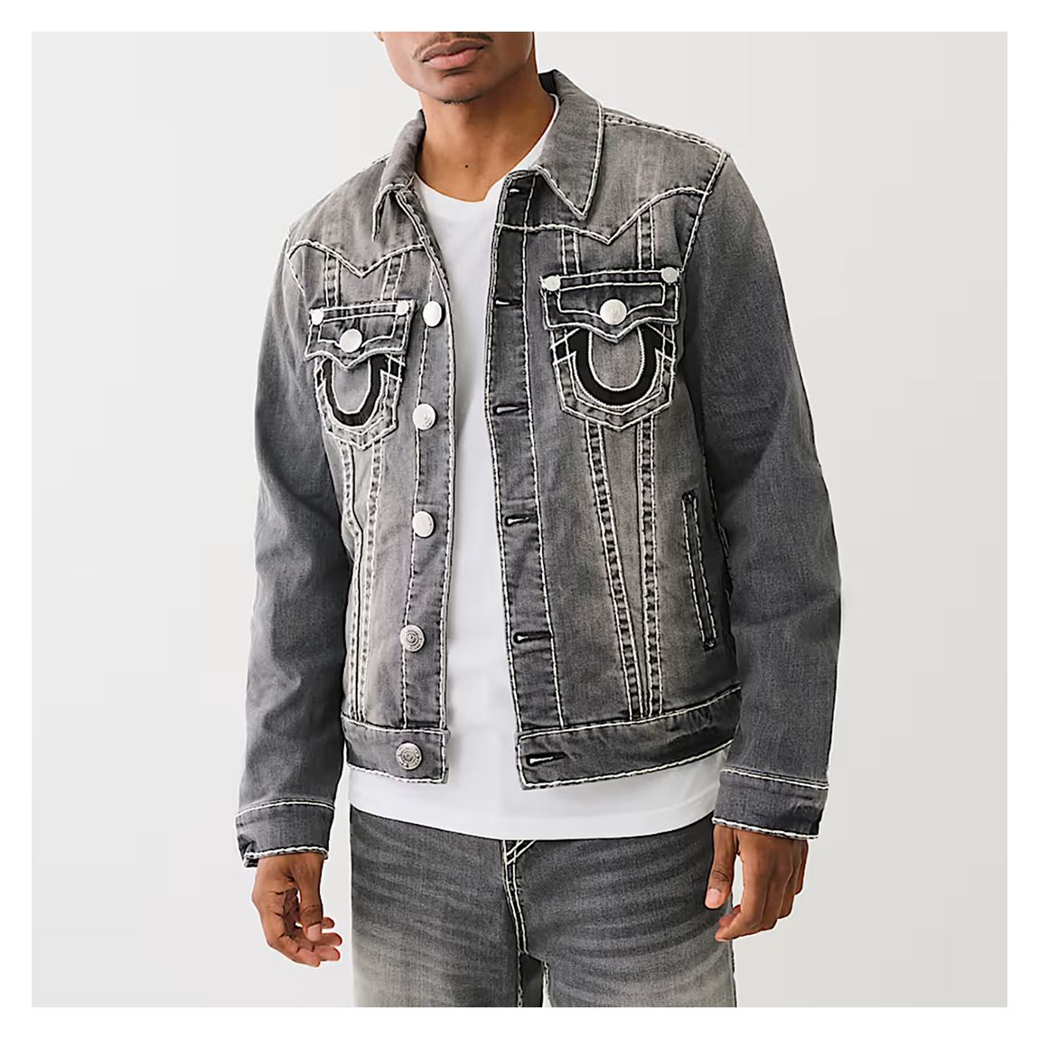 True Religion Washed Grey Jimmy Super T Denim Jacket - BrandAlley