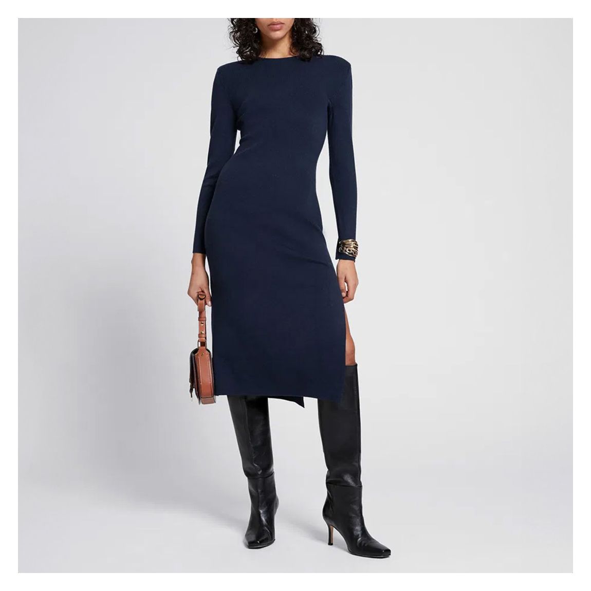 Navy Double Thigh Split Midi Dress