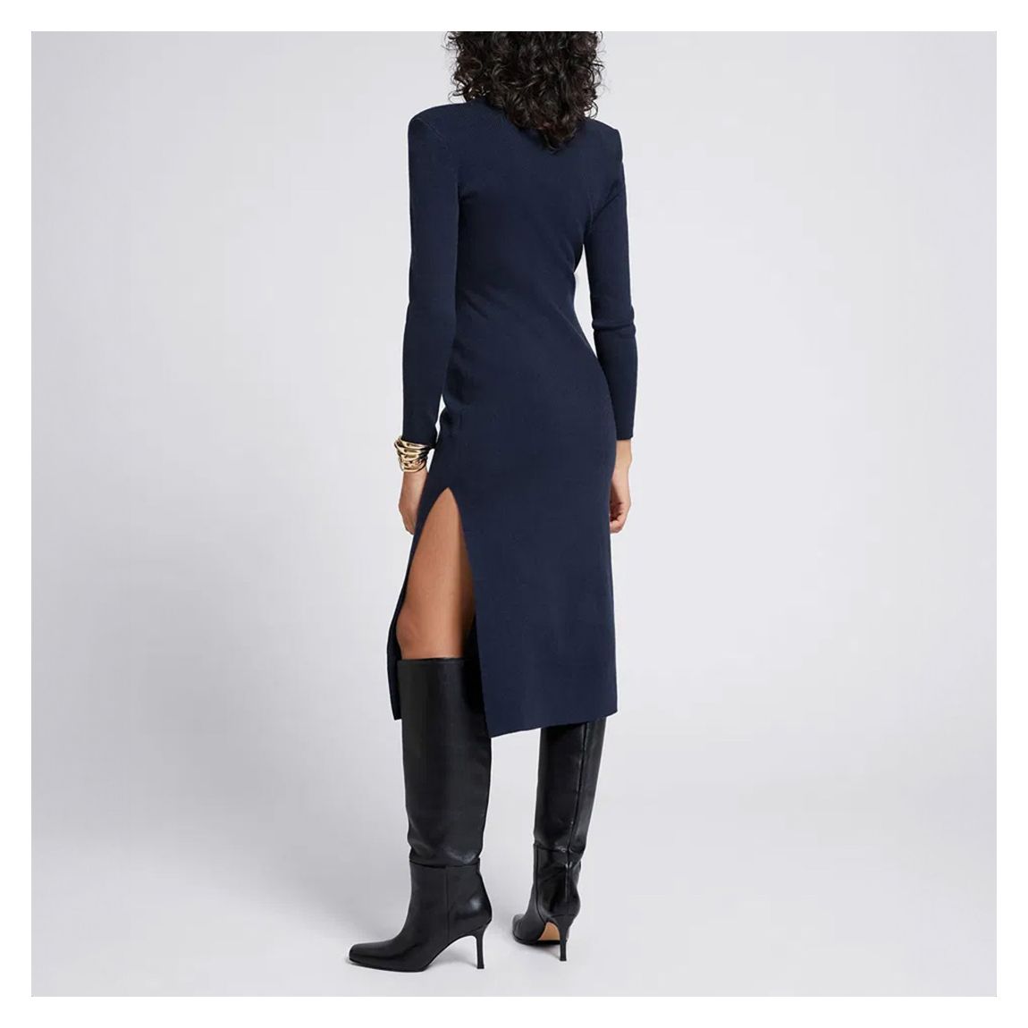 Navy Double Thigh Split Midi Dress