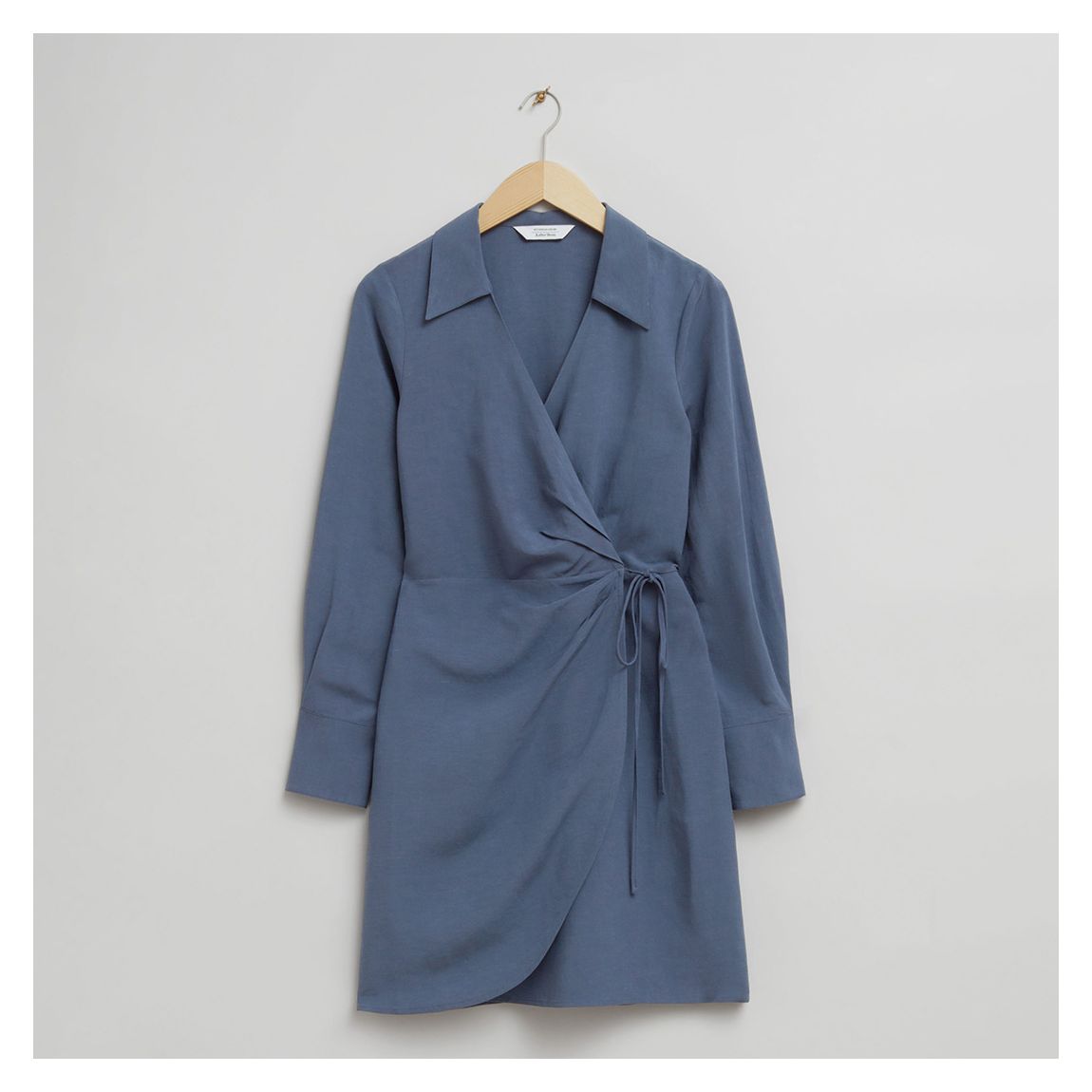 Dark Blue Linen Blend Wrap Tie Mini Shirt Dress
