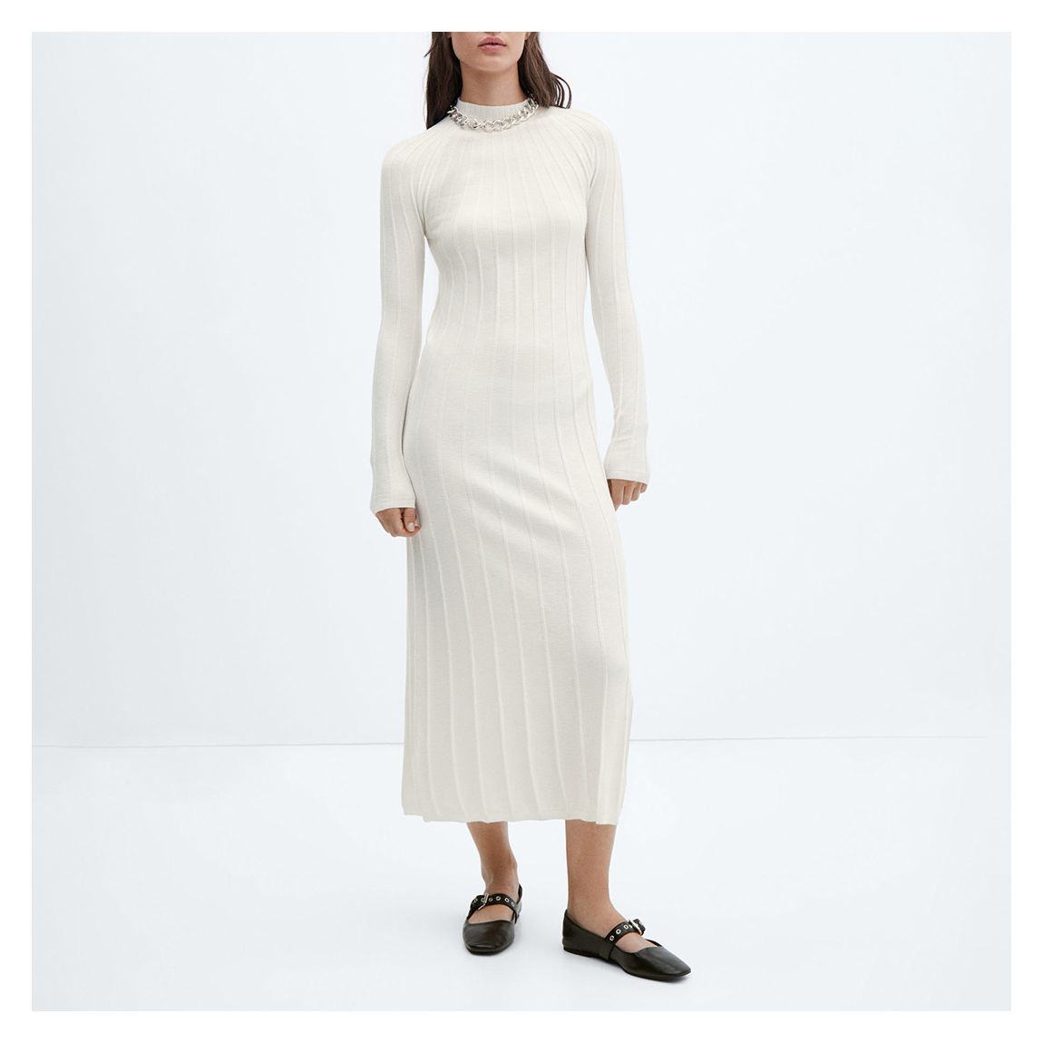 Ecru High Neck Ribbed Dress