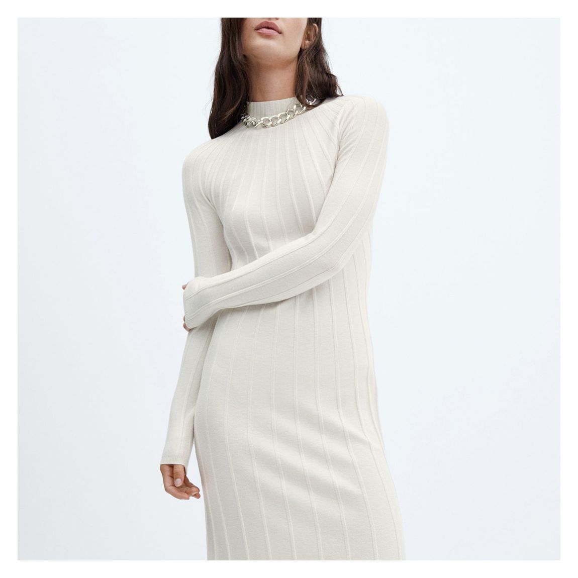 Ecru High Neck Ribbed Dress