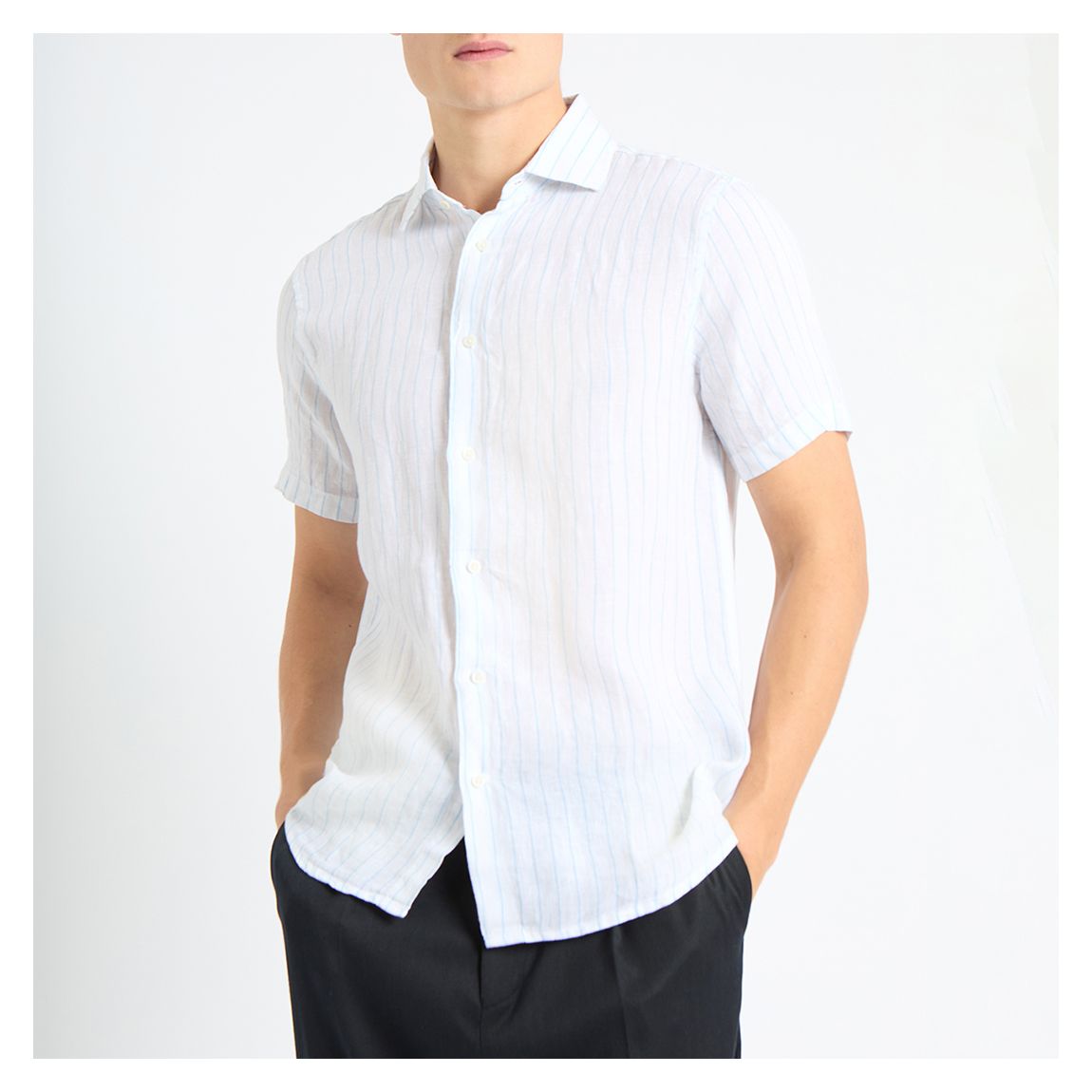 White Luca Striped Short Sleeve Linen Shirt