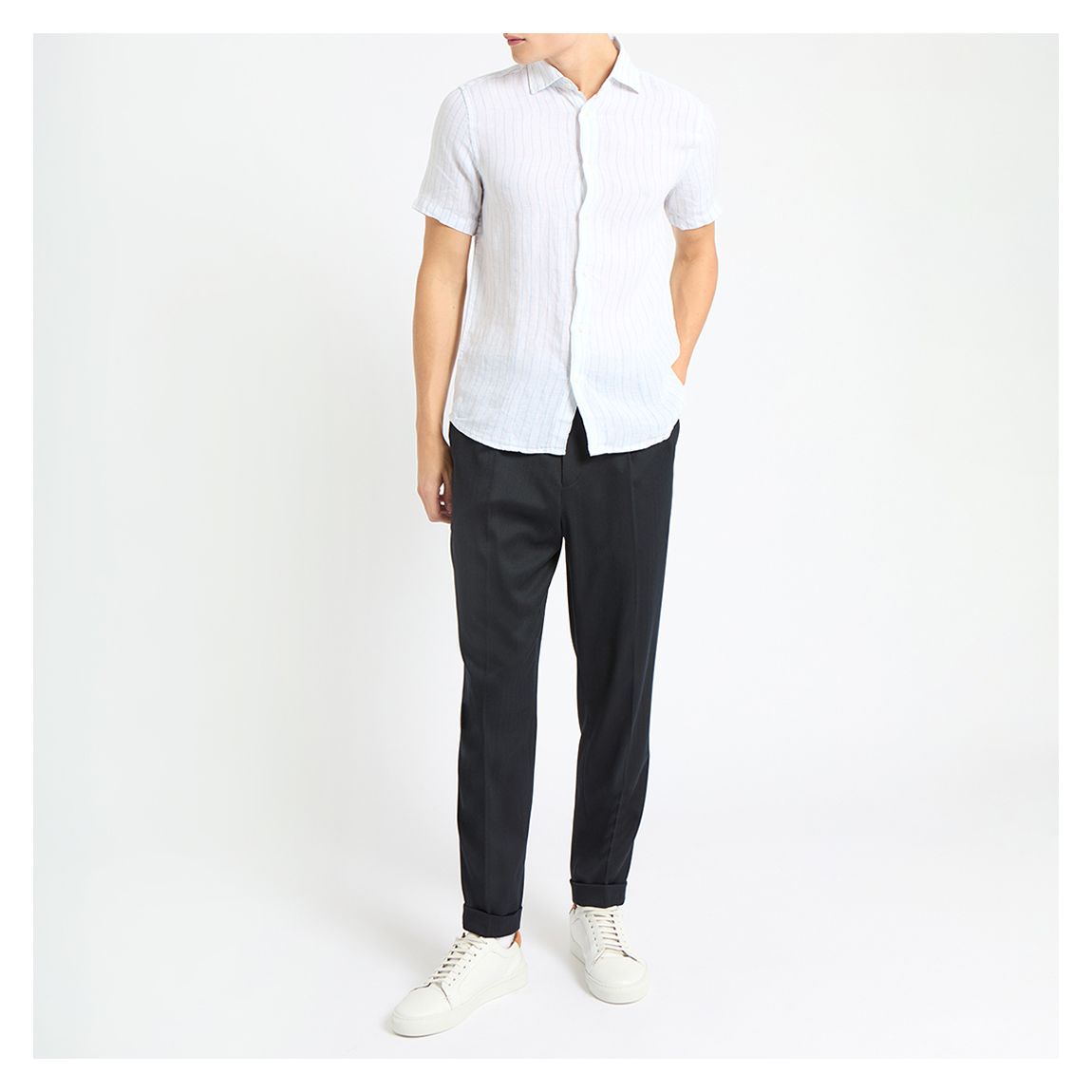 White Luca Striped Short Sleeve Linen Shirt