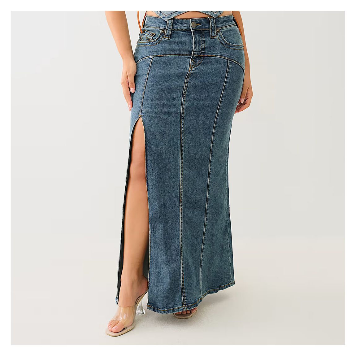 ★24SS★KIRSH X TRUERELIGION★STITCH POINT DENIM WIDE SKIRT SADIE DENIM SADDLE STITCH MINI SKIRT - Dark Wash | True Religion