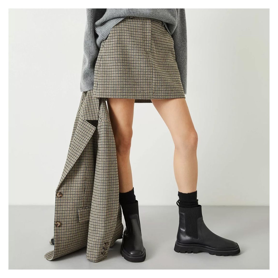 Coffee Tartan Wool Blend Mini Skirt