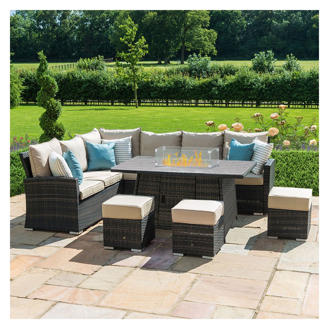 Kingston Corner Dining Set with Fire Pit, Brown