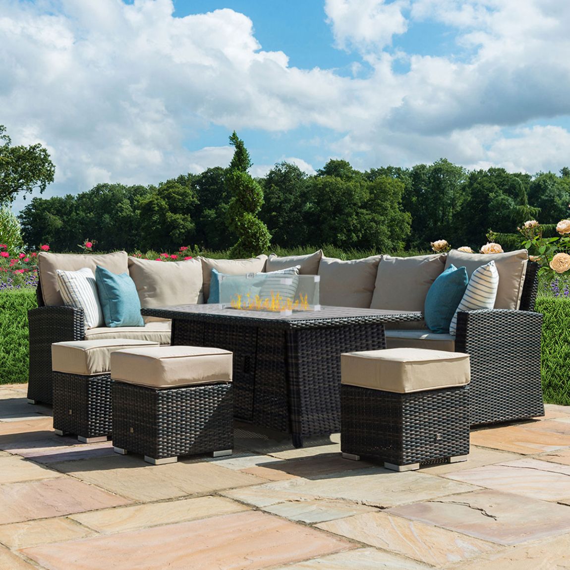 Kingston Corner Dining Set with Fire Pit, Brown
