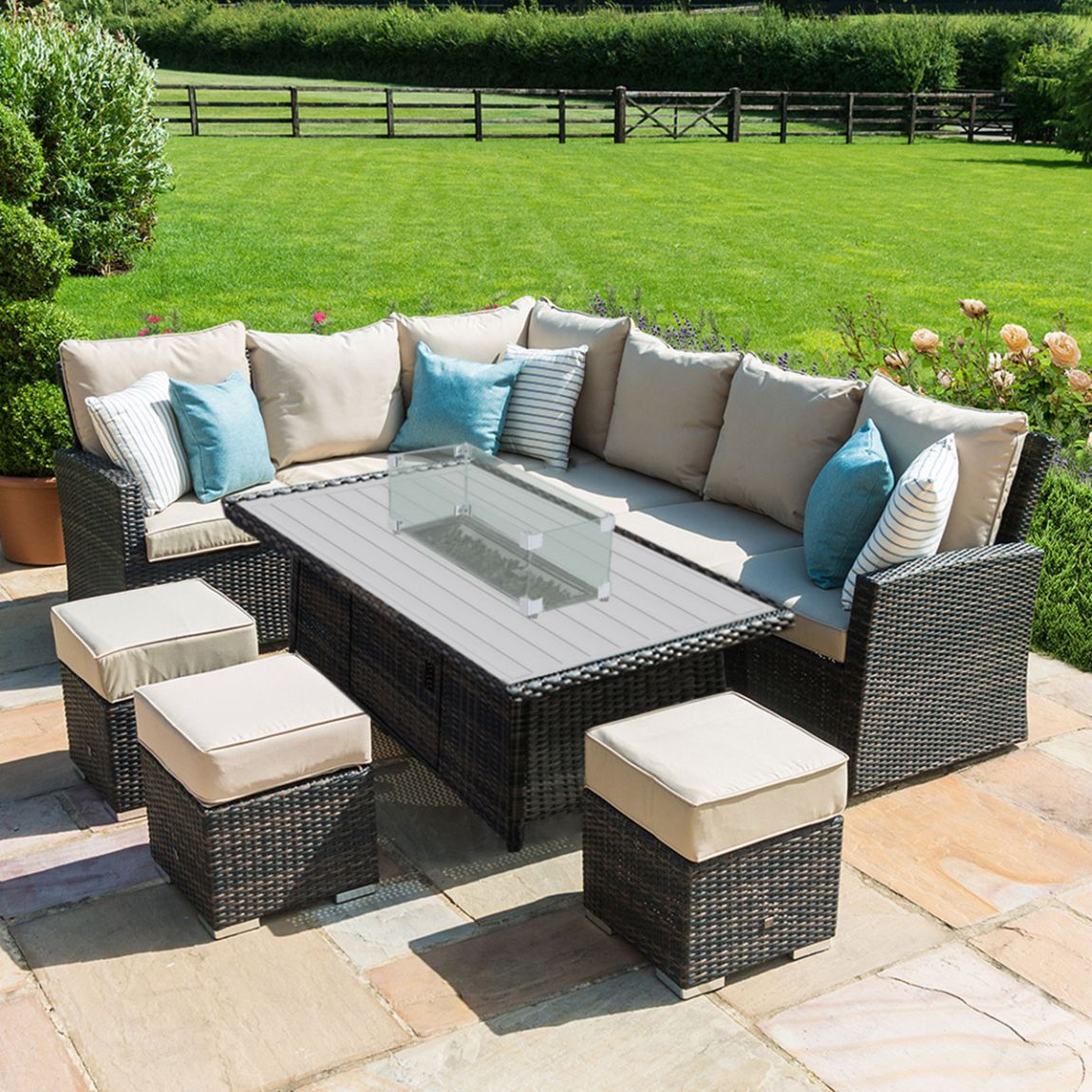 Kingston Corner Dining Set with Fire Pit, Brown