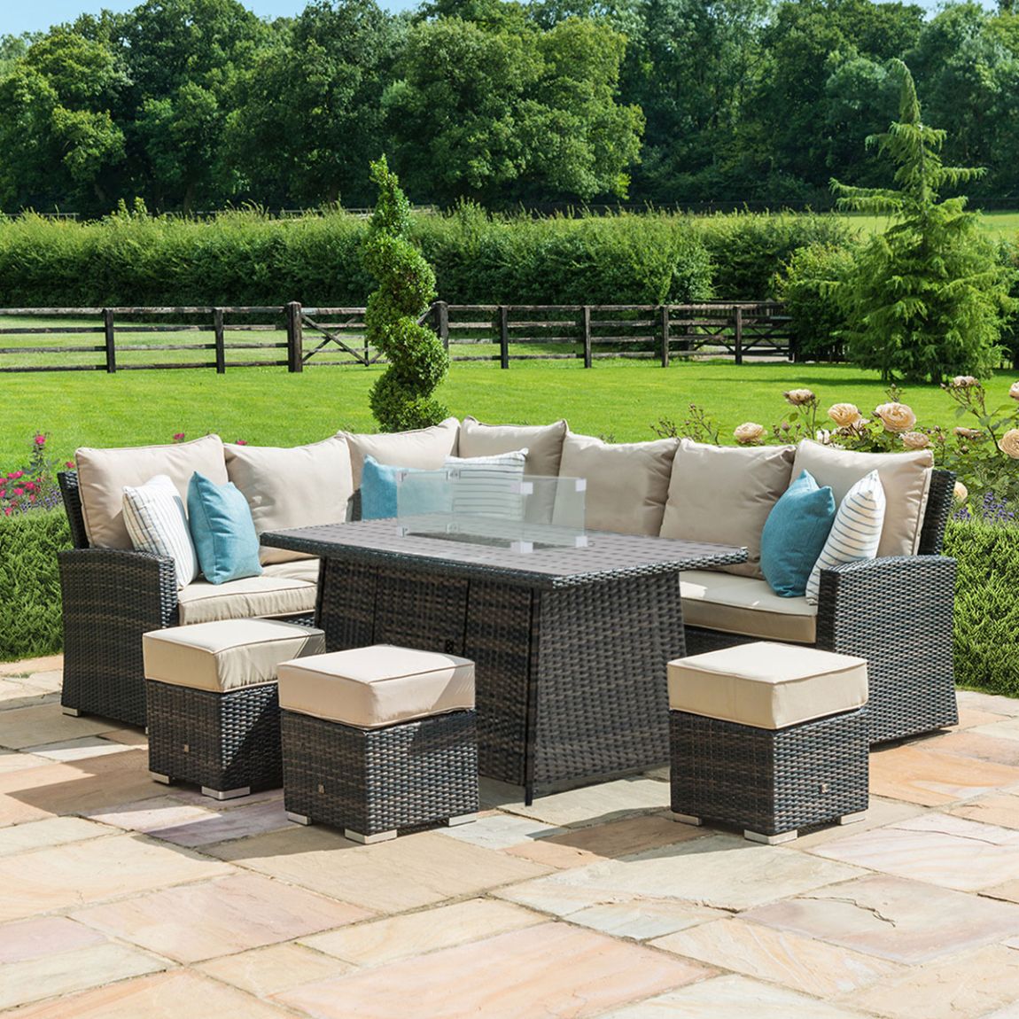 Kingston Corner Dining Set with Fire Pit, Brown