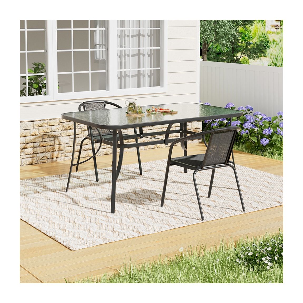 Tempered Glass Outdoor Coffee Table and 2 Set Rattan Chairs