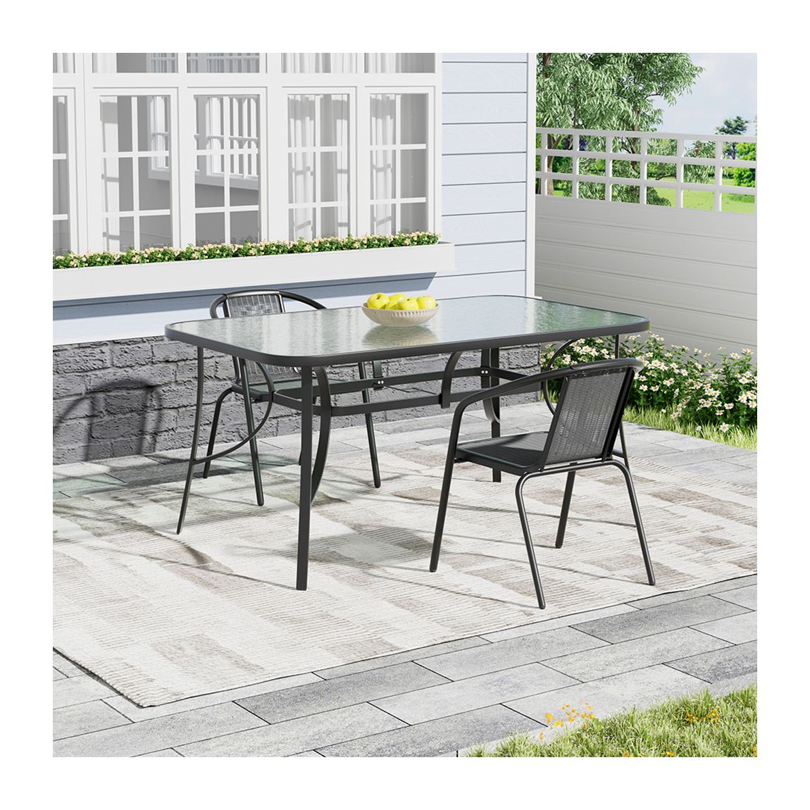Tempered Glass Outdoor Coffee Table and 2 Set Rattan Chairs