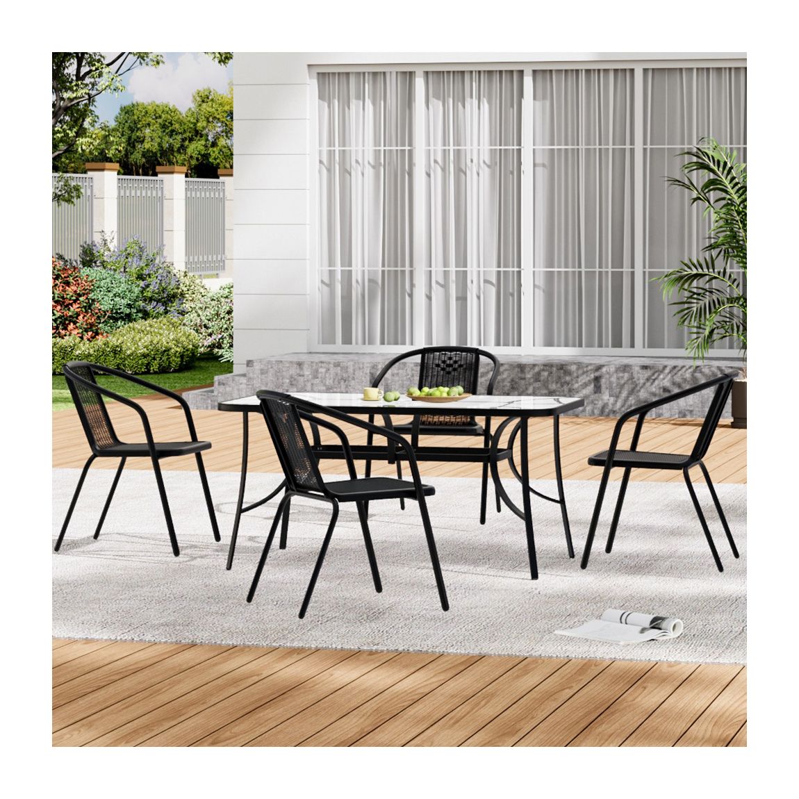 Tempered Glass Outdoor Coffee Table and 2 Set Rattan Chairs