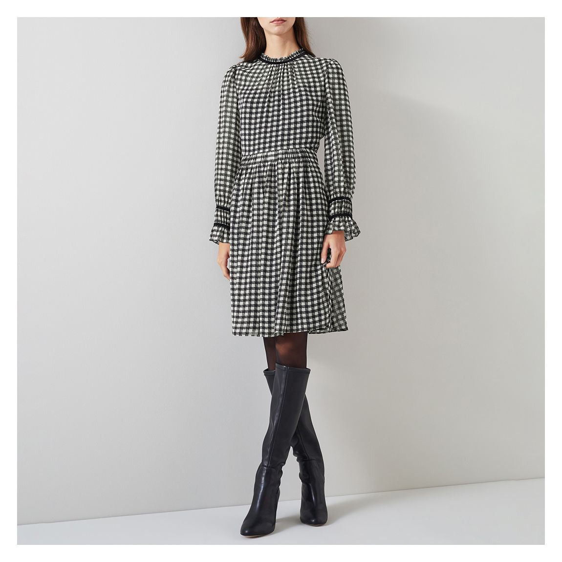 Black Gingham Ruffle Trim Mini Dress