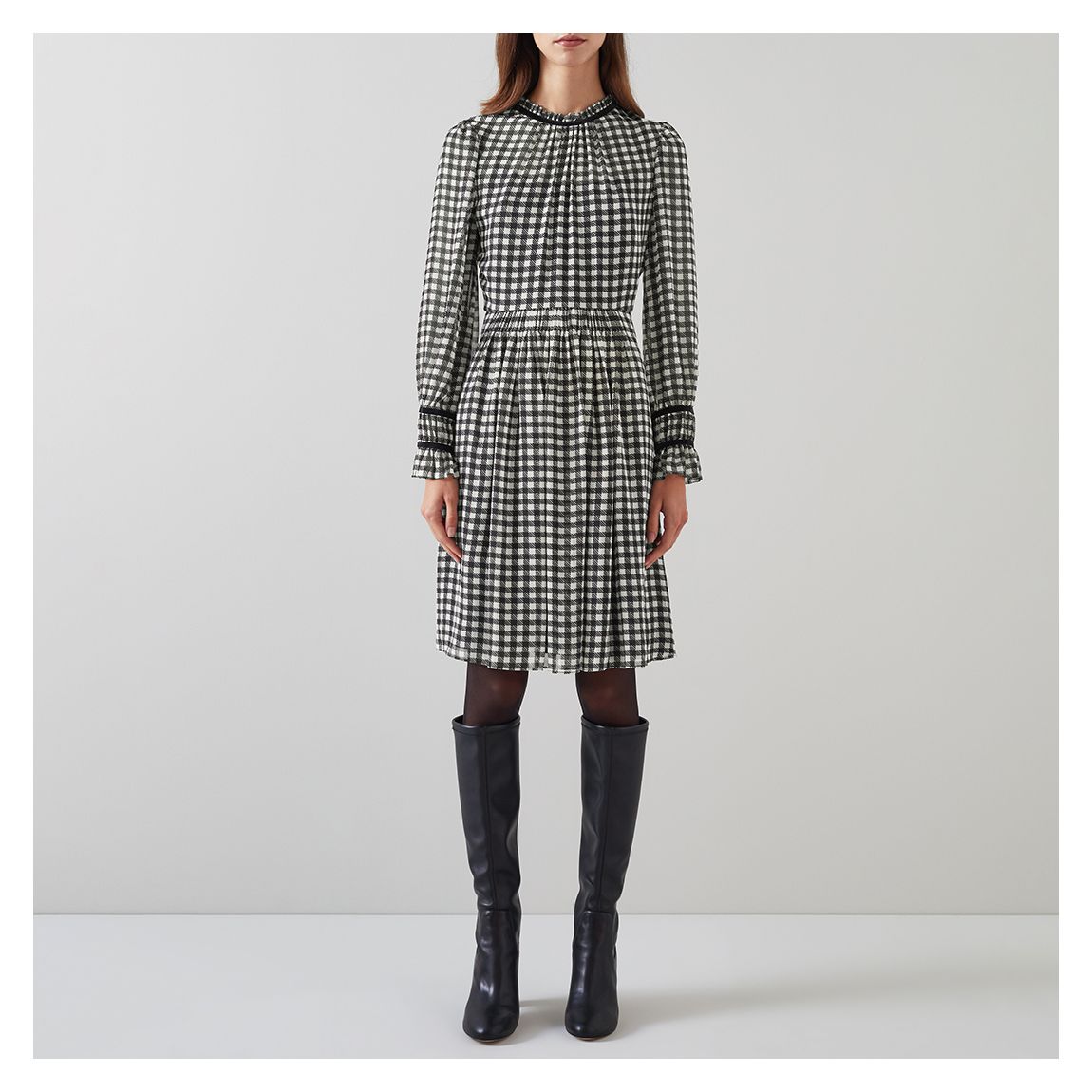 Black Gingham Ruffle Trim Mini Dress