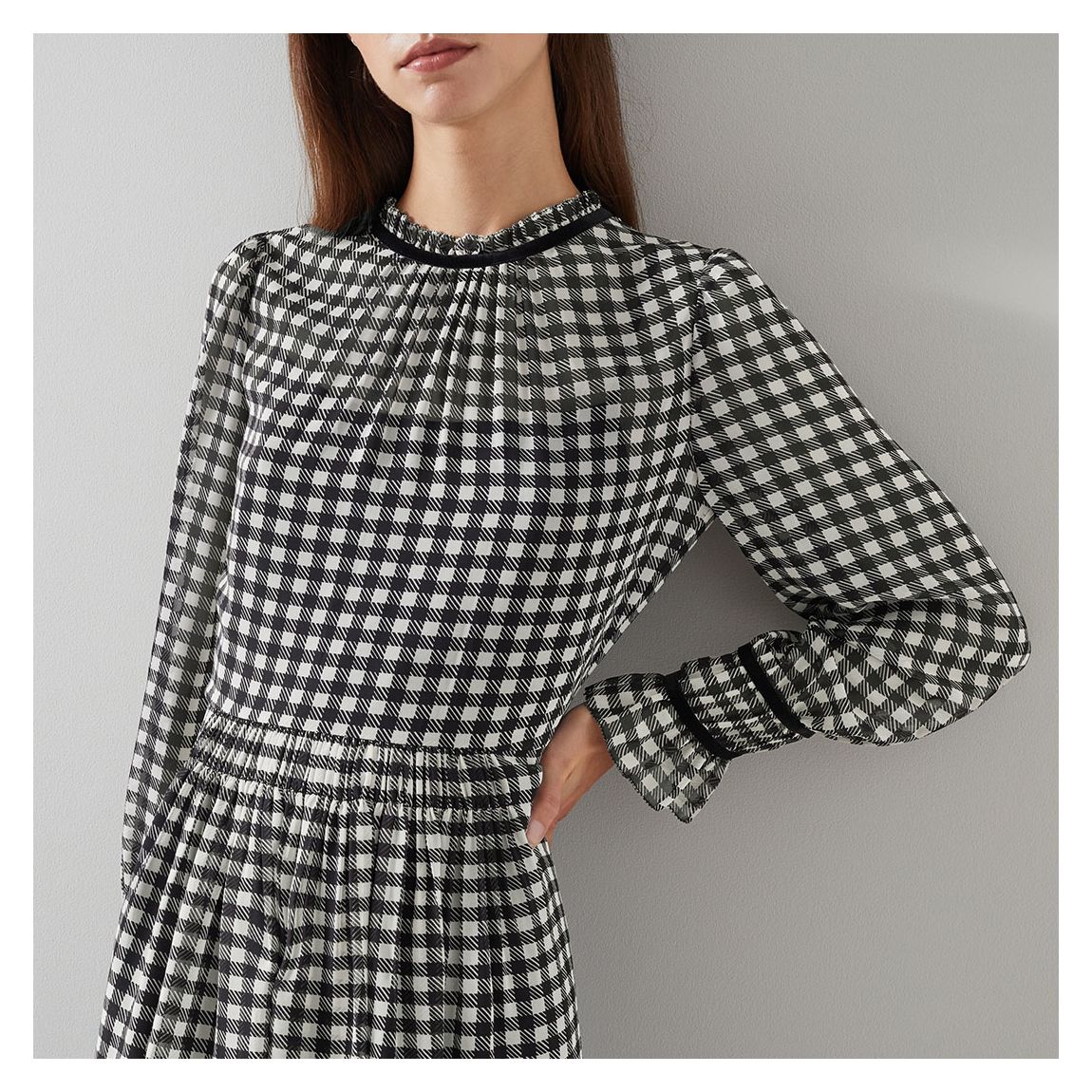 Black Gingham Ruffle Trim Mini Dress