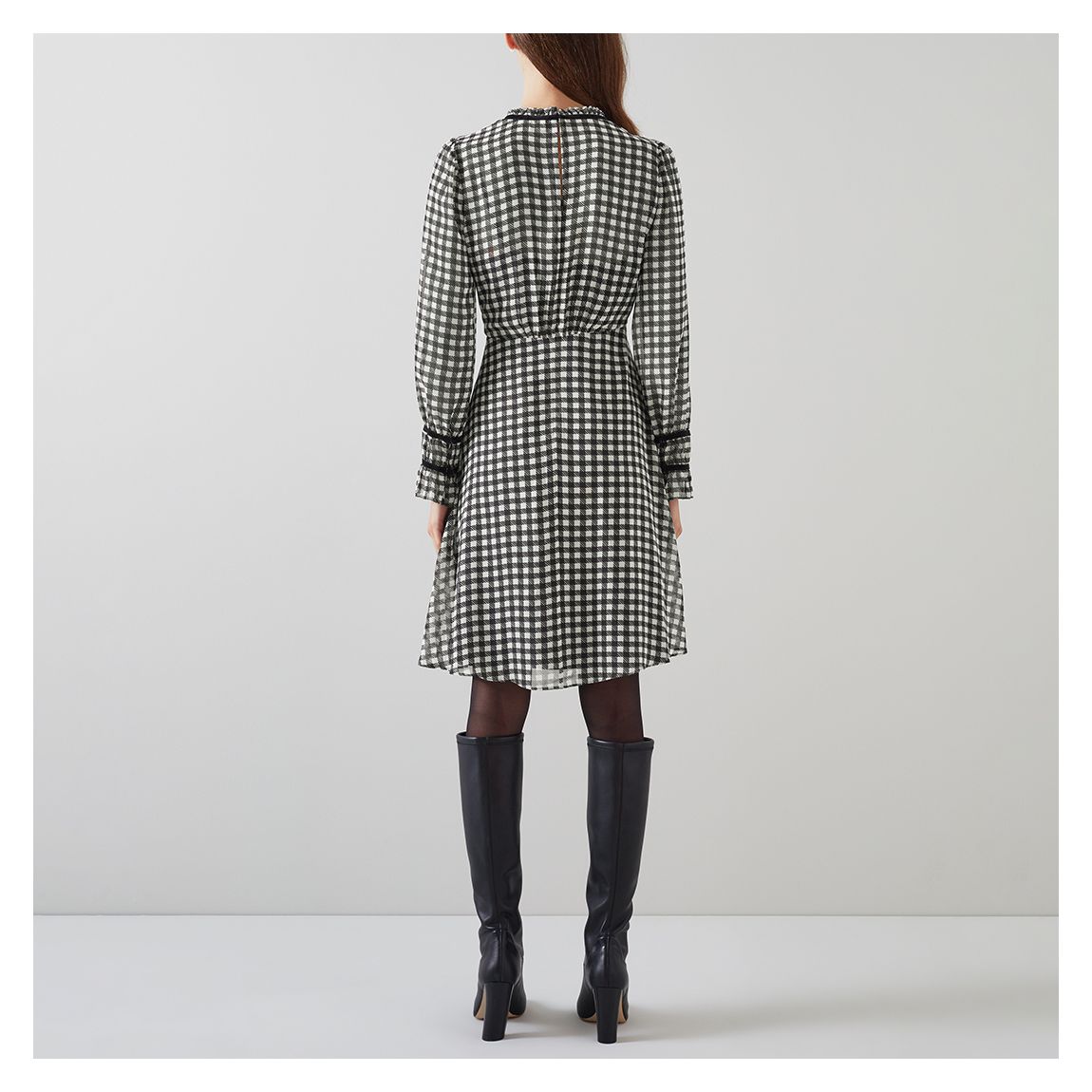 Black Gingham Ruffle Trim Mini Dress