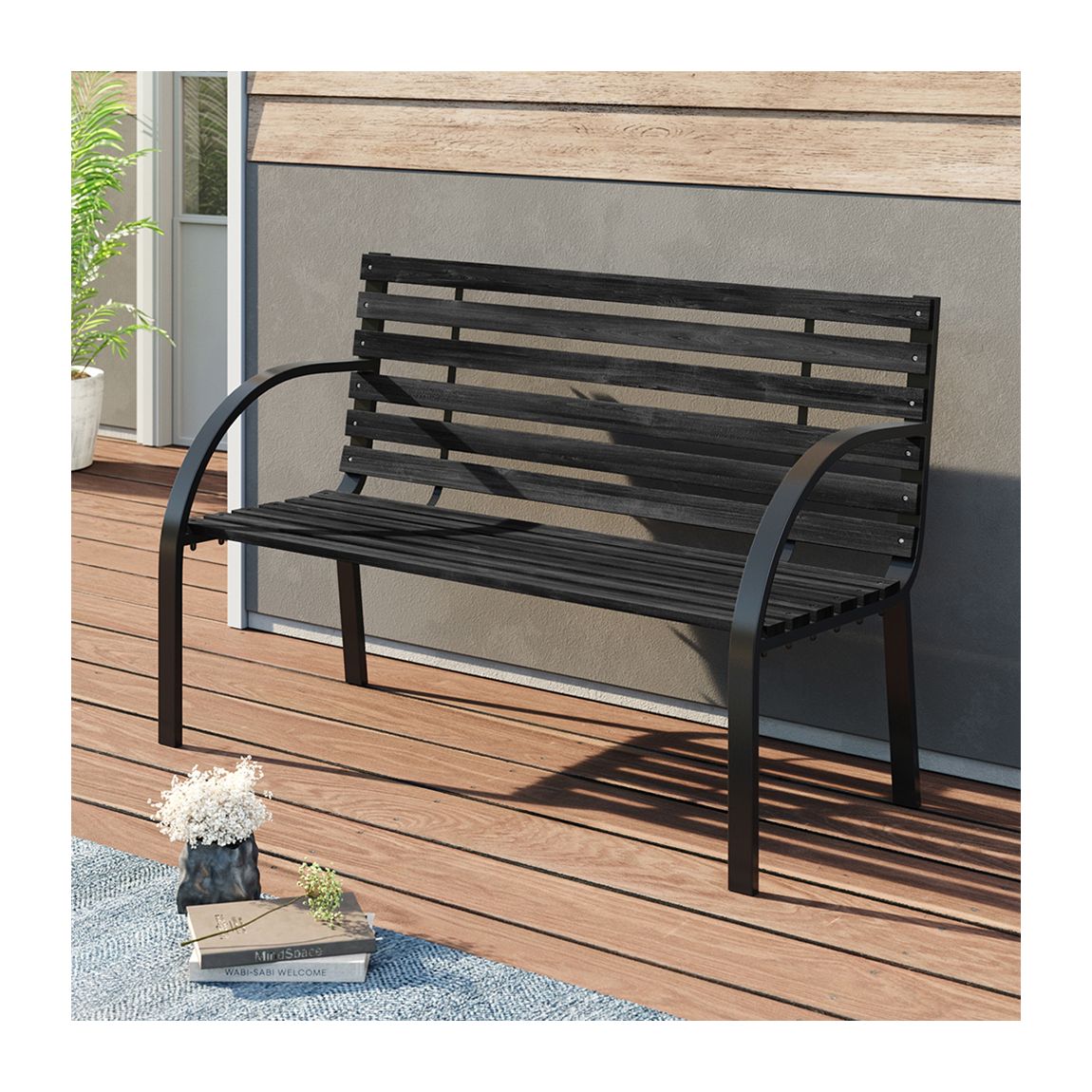 Outdoor Park Bench Solid Wood Metal Garden Bench