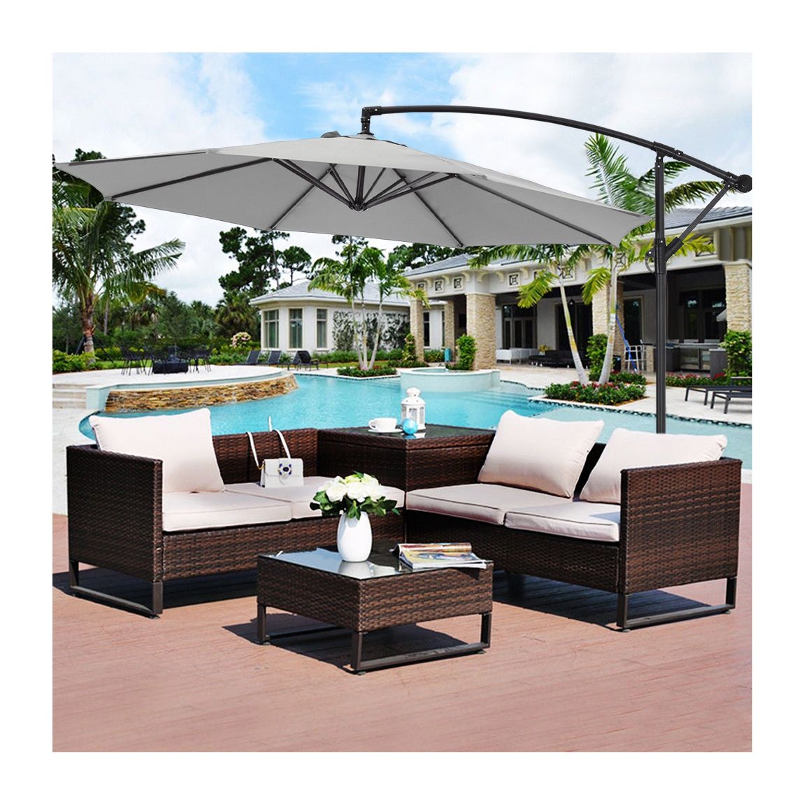 3M Garden Cantilever Parasol Outdoor Sun Umbrella with Base