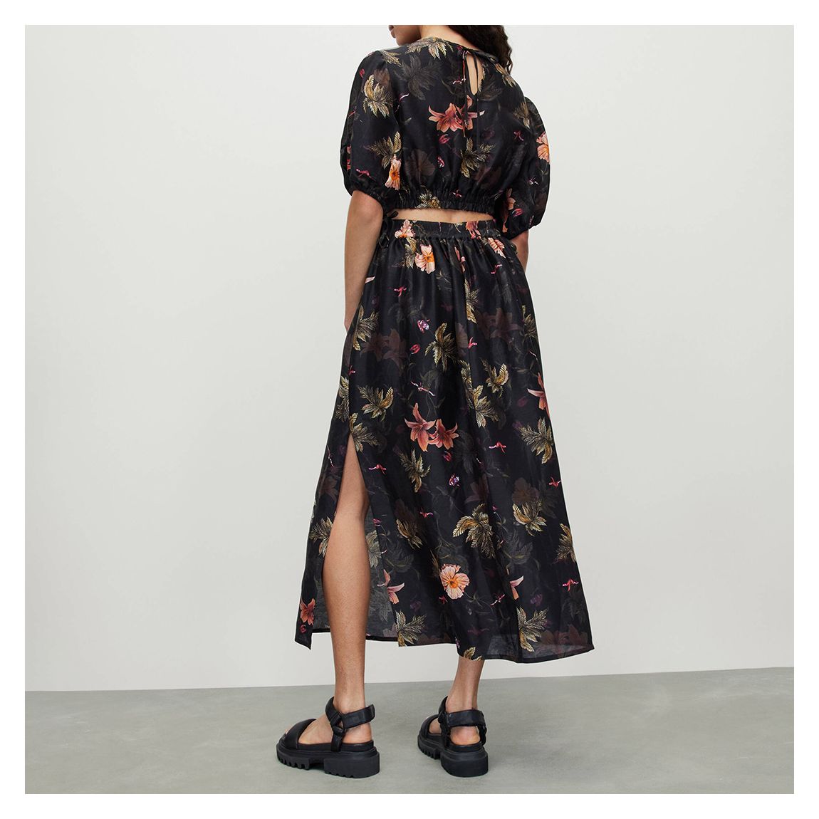 All Saints Black Floral Asta Viviana Silk Linen Blend Maxi