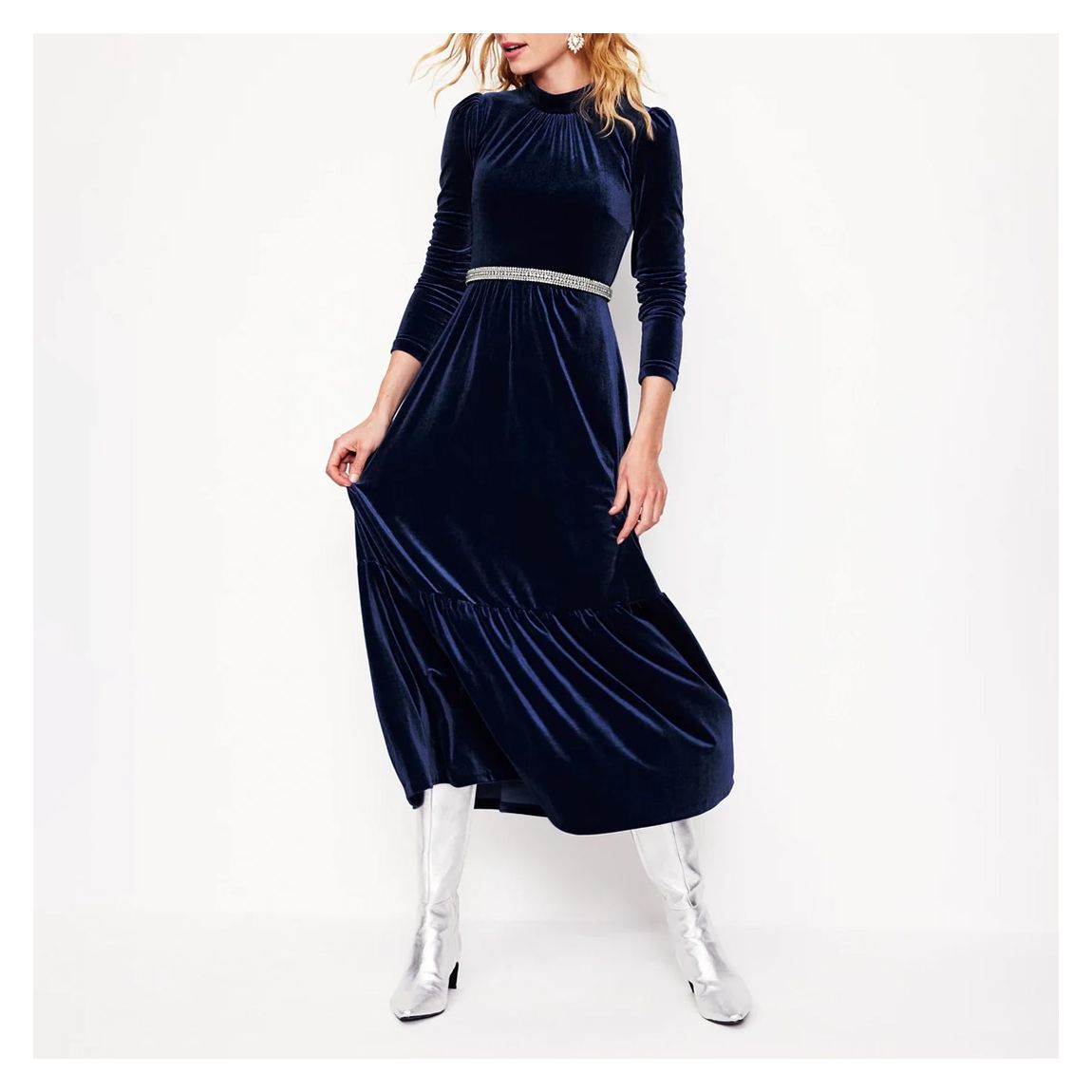Navy High Neck Tiered Velvet Dress