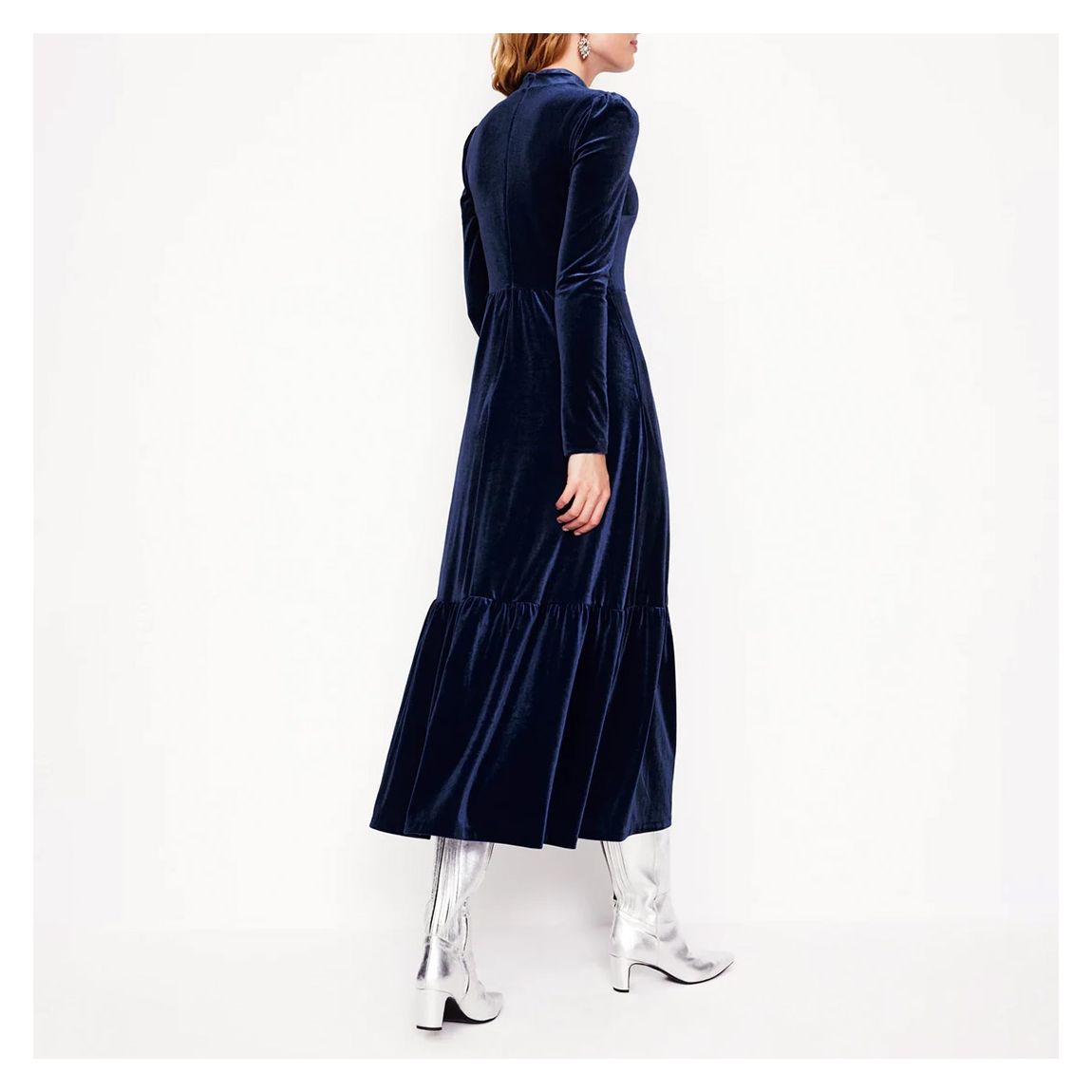 Navy High Neck Tiered Velvet Dress