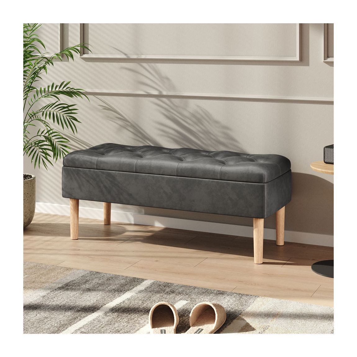 Grey Velvet Storage Ottoman Bench