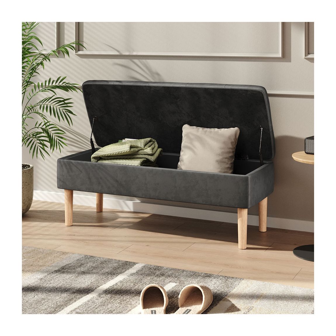 Grey Velvet Storage Ottoman Bench