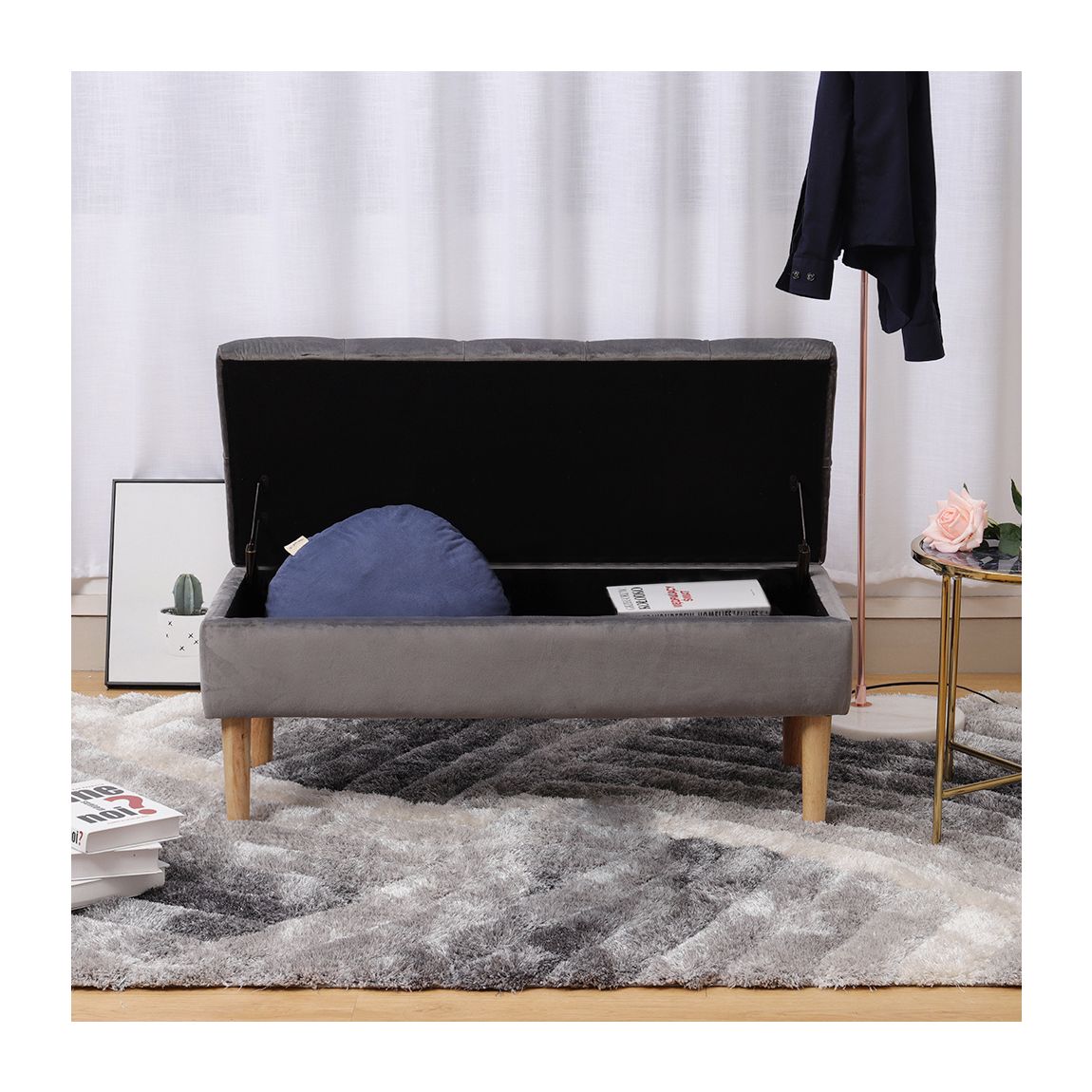 Grey Velvet Storage Ottoman Bench