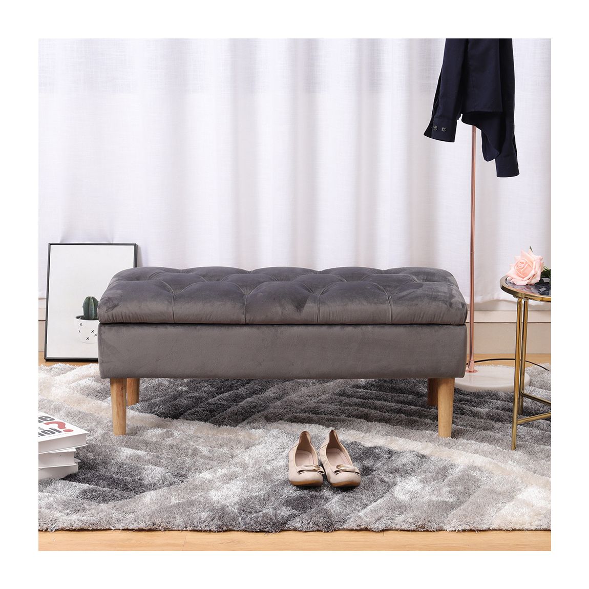 Grey Velvet Storage Ottoman Bench