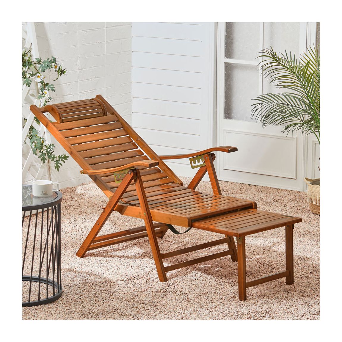 Bamboo Foldable Recliner Lounge Chair with Retractable Footrest