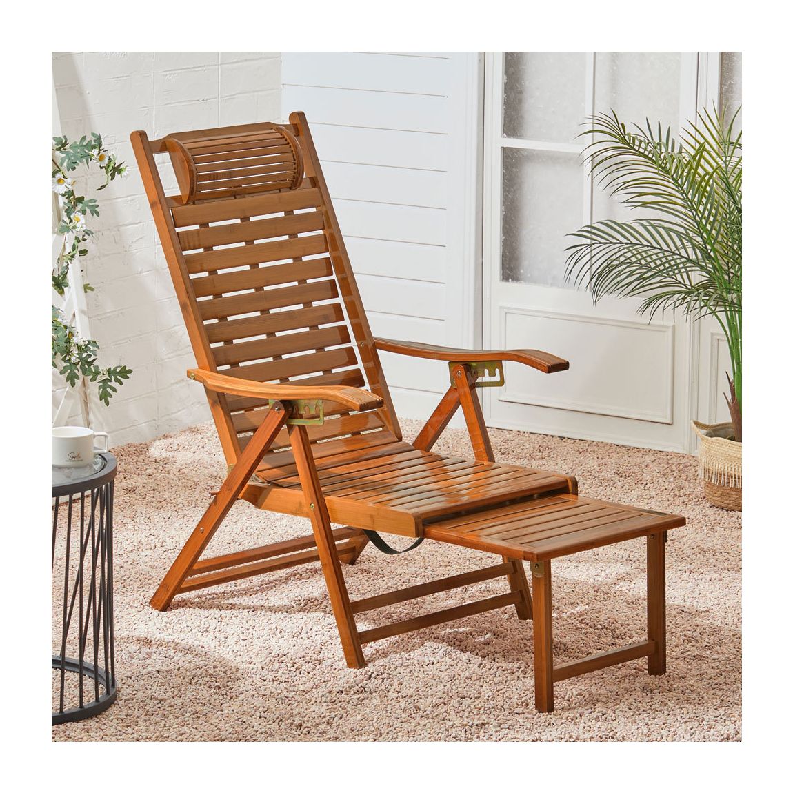 Bamboo Foldable Recliner Lounge Chair with Retractable Footrest