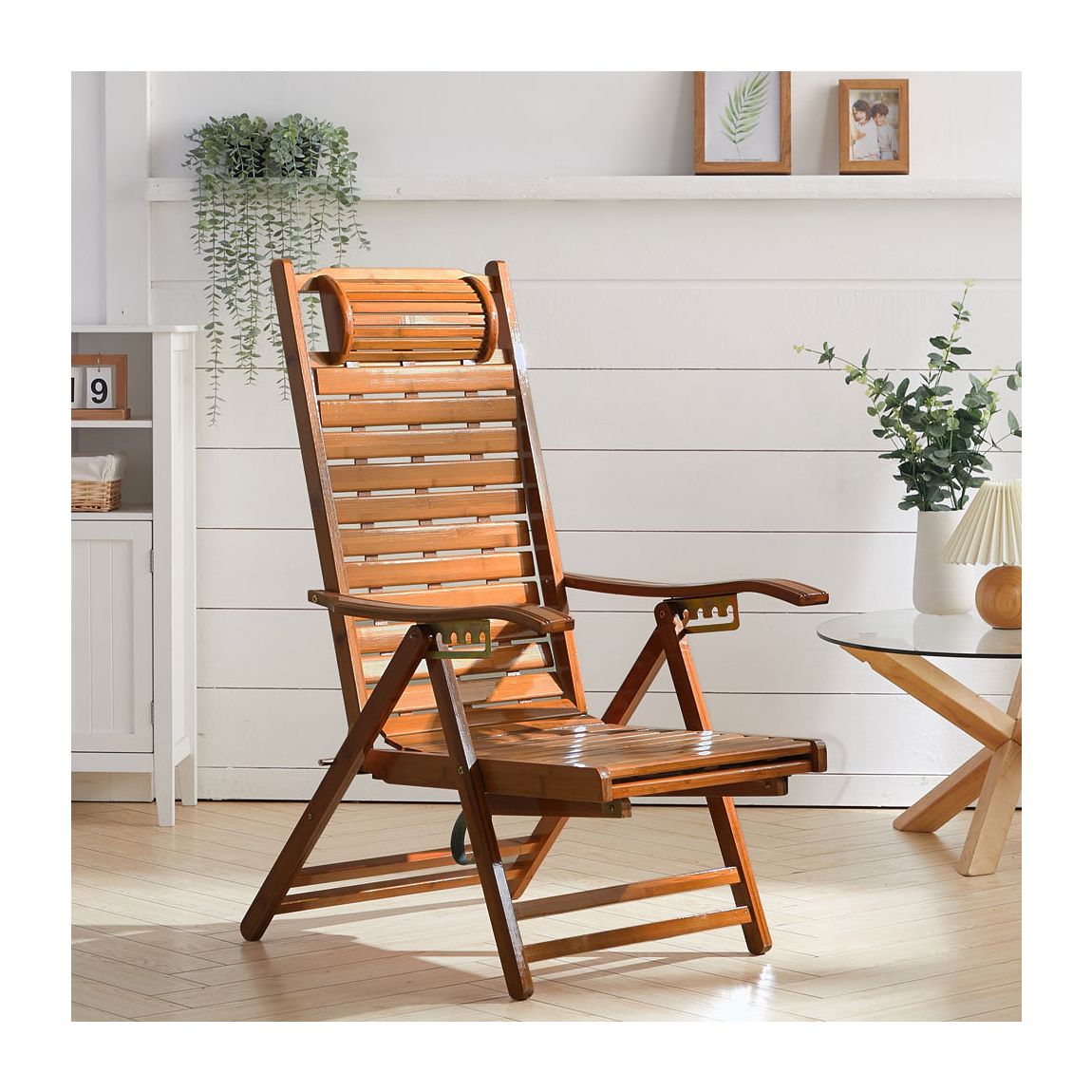Bamboo Foldable Recliner Lounge Chair with Retractable Footrest