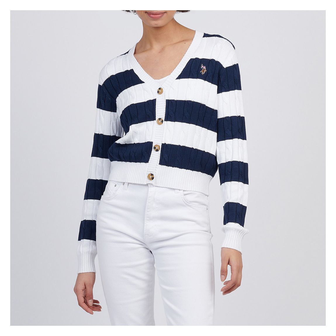 Navy and White Stripe Loose Cable Knit Cardigan