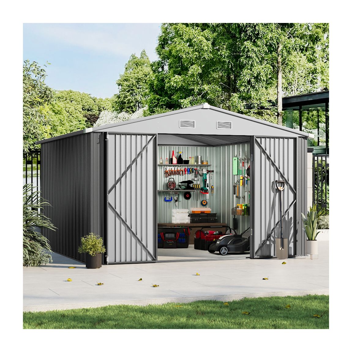Outdoor 10x10 FT Garden Metal Storage Shed with Lockable Door - Grey