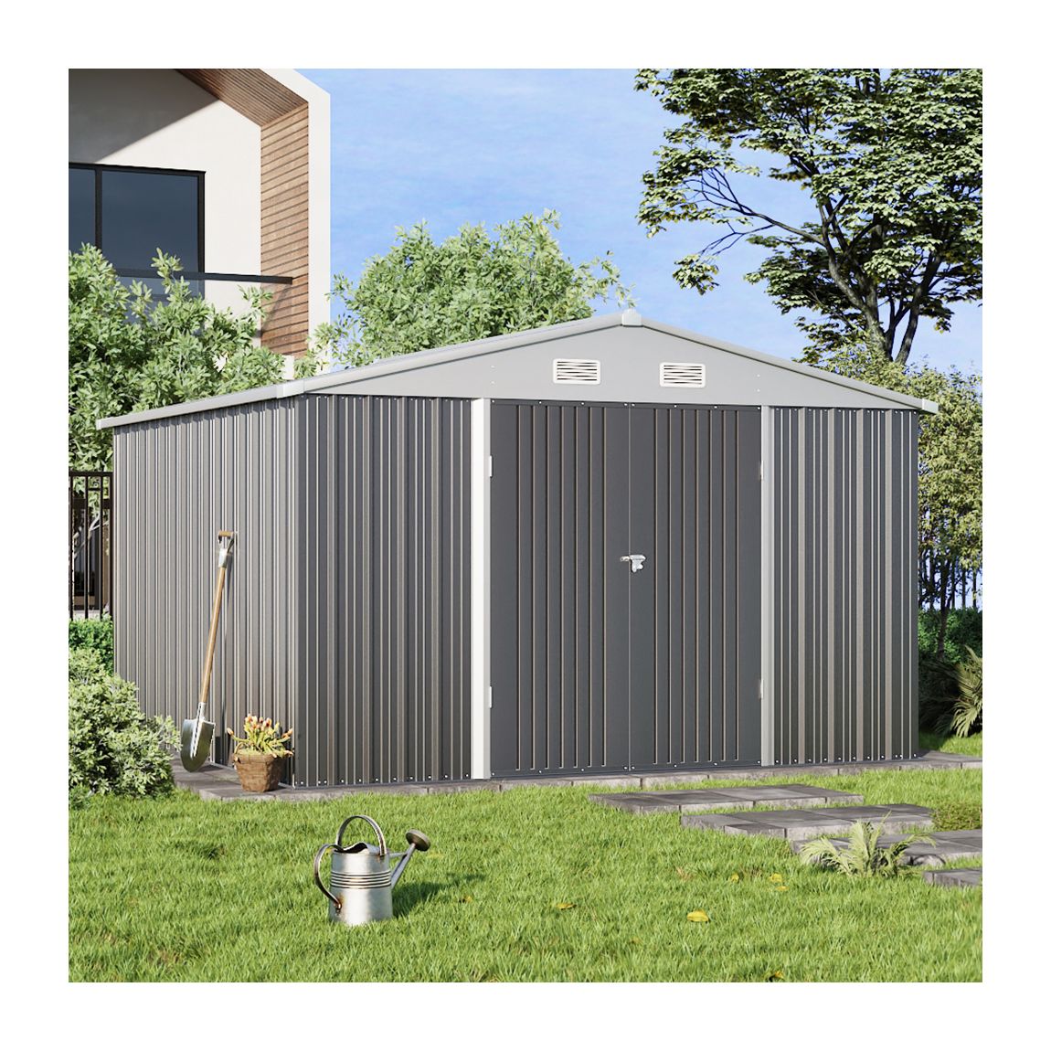 Outdoor 10x10 FT Garden Metal Storage Shed with Lockable Door - Grey
