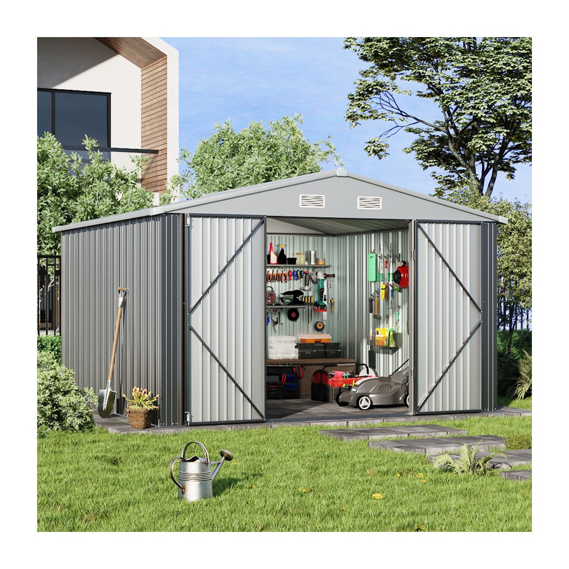 Outdoor 10x10 FT Garden Metal Storage Shed with Lockable Door - Grey