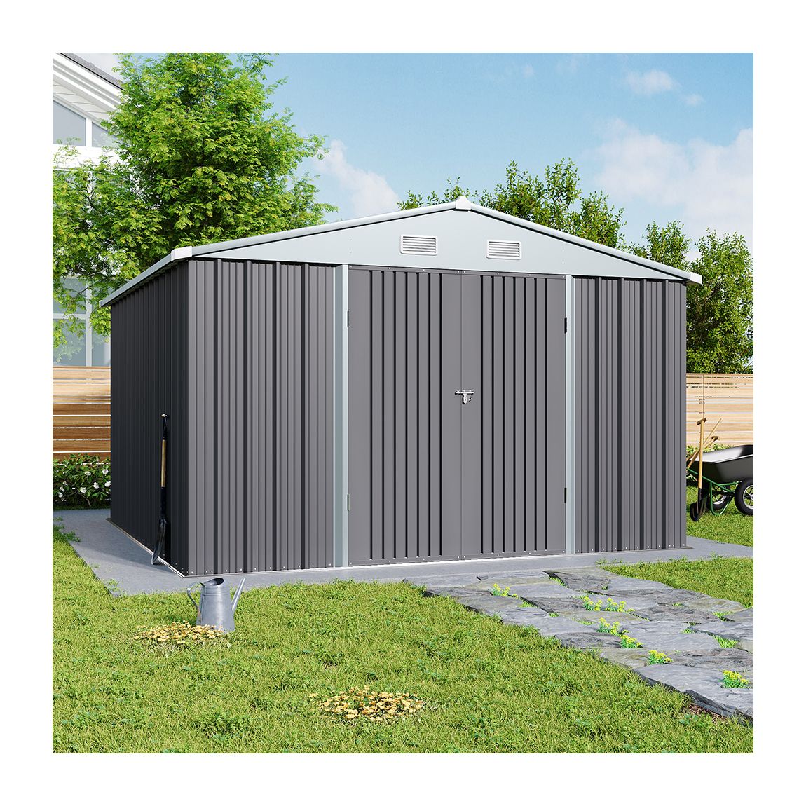 Outdoor 10x10 FT Garden Metal Storage Shed with Lockable Door - Grey